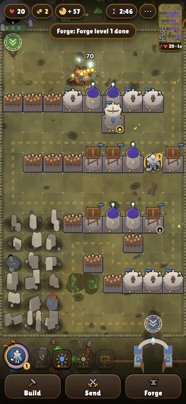 A packed maze mid-match with a forge upgrade completing