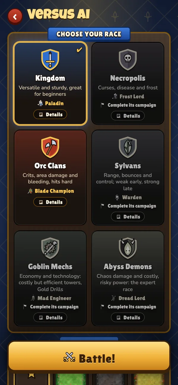 The race selection screen with six races